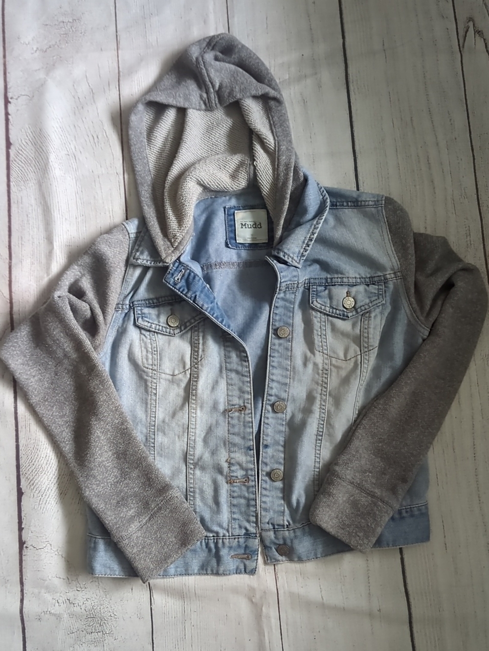 Mudd Light Blue Denim Jacket with Gray Hoodie Sleeves
